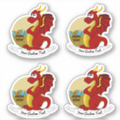 Cartoon rode draak met schat en tekststicker sticker (Voorkant)