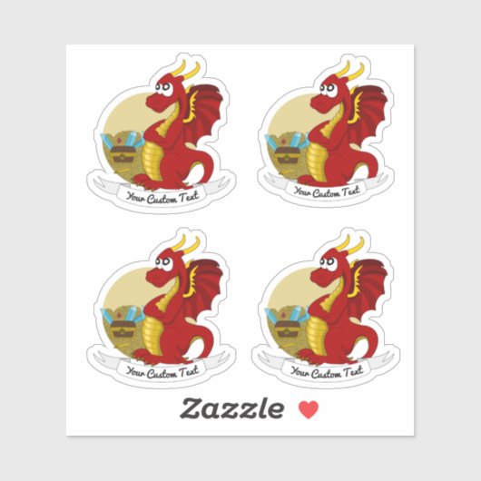 Cartoon rode draak met schat en tekststicker sticker (Vel)