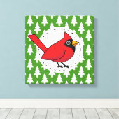 Cartoon rode kardinaal op groen wit pijnpatroon canvas afdruk (Insitu (Houten vloer))