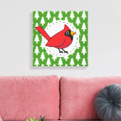 Cartoon rode kardinaal op groen wit pijnpatroon canvas afdruk (Insitu (Woonkamer))