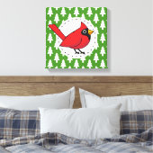 Cartoon rode kardinaal op groen wit pijnpatroon canvas afdruk (Insitu (Slaapkamer))