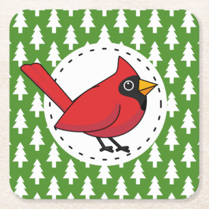 Cartoon rode kardinaal op groen wit pijnpatroon kartonnen onderzetters