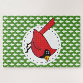 Cartoon rode kardinaal op groen wit pijnpatroon legpuzzel (Horizontaal)