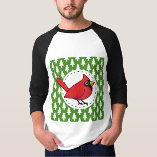 Cartoon rode kardinaal op groen wit pijnpatroon t-shirt