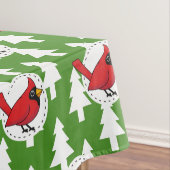 Cartoon rode kardinaal op groen wit pijnpatroon tafelkleed (Voorbeeld)