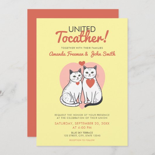 Cartoon Rood en Wit Cat Theme Bruiloft Kaart (Voorkant / Achterkant)