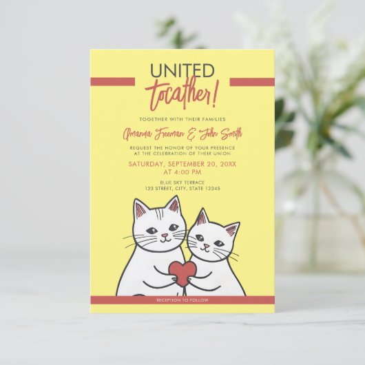 Cartoon rood & wit grillige katten bruiloft kaart (Staand voorkant)