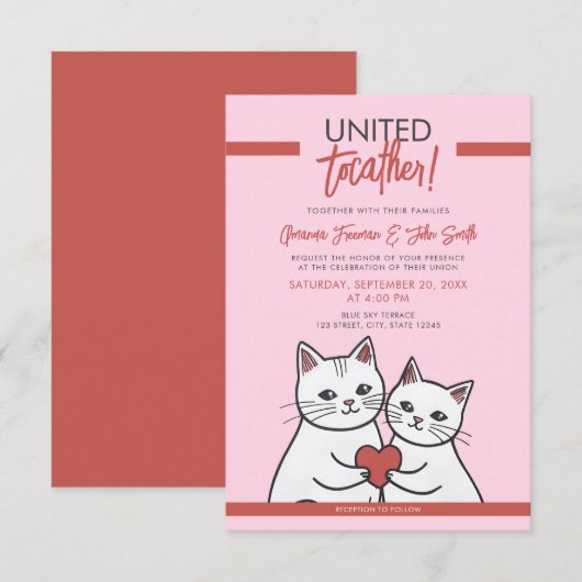 Cartoon rood & wit grillige katten bruiloft kaart (Voorkant / Achterkant)