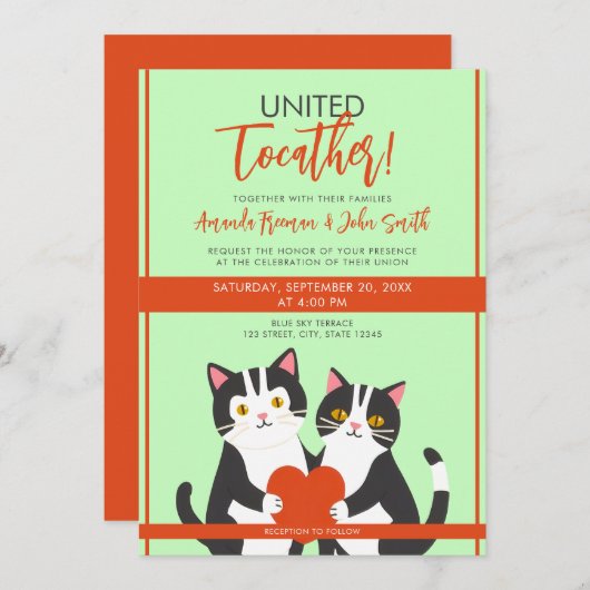 Cartoon Rood & Wit Schattige Katten en Hart Bruilo Kaart (Voorkant / Achterkant)