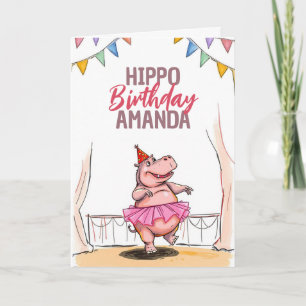 Cartoon Roze Dansende Hippo Verjaardag Kaart