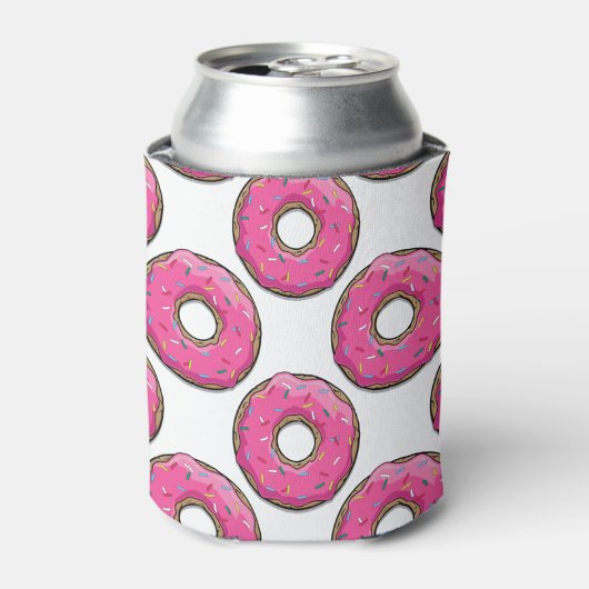 Cartoon roze donut met sprinken blikjeskoeler (Blikje Voorkant)