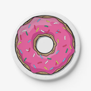 Cartoon roze donut met sprinken papieren bordje