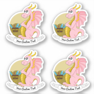 Cartoon roze draak met schat en tekst sticker