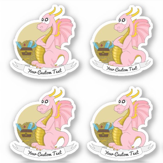 Cartoon roze draak met schat en tekst sticker (Voorkant)