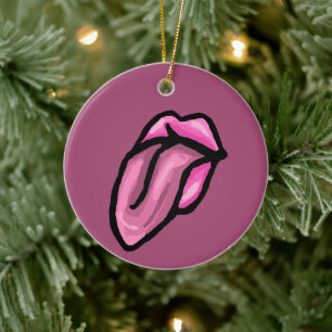 Cartoon Roze Lippen & Tong Keramisch Ornament