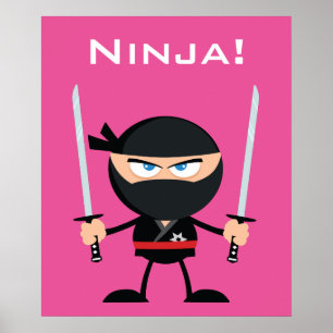 Cartoon roze ninja warrior met twee Katana Poster