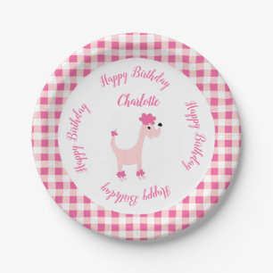 Cartoon roze poodle Posh Paws gingham jarig Papieren Bordje