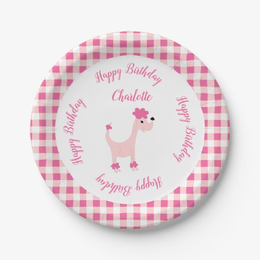 Cartoon roze poodle Posh Paws gingham jarig Papieren Bordje (Voorkant)