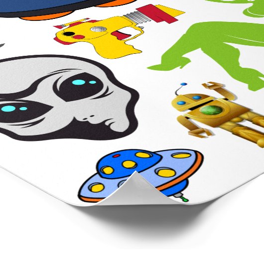 Cartoon-ruimtealiens Grays UFO Art Collage vel Poster (Hoek)