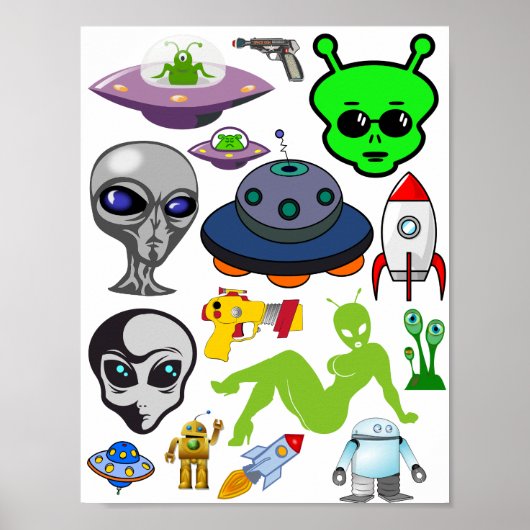 Cartoon-ruimtealiens Grays UFO Art Collage vel Poster (Voorkant)