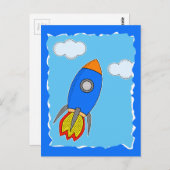 Cartoon ruimteraket in blauw hemelgescheurd papier briefkaart (Voorkant / Achterkant)