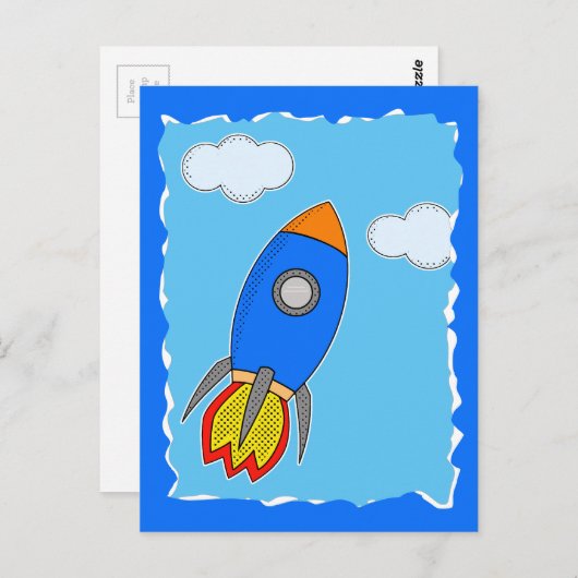 Cartoon ruimteraket in blauw hemelgescheurd papier briefkaart (Voorkant / Achterkant)