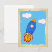 Cartoon ruimteraket in blauw hemelgescheurd papier kaart (Voorkant / Achterkant)
