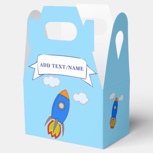 Cartoon ruimteraket in blauwe lucht bedankdoosjes (Geopend)