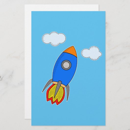 Cartoon ruimteraket in blauwe lucht briefpapier (Voorkant / Achterkant)