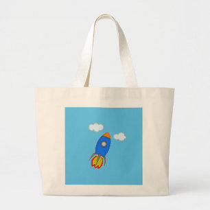 Cartoon ruimteraket in blauwe lucht grote tote bag