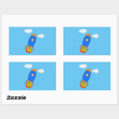 Cartoon ruimteraket in blauwe lucht rechthoekige sticker (Vel)