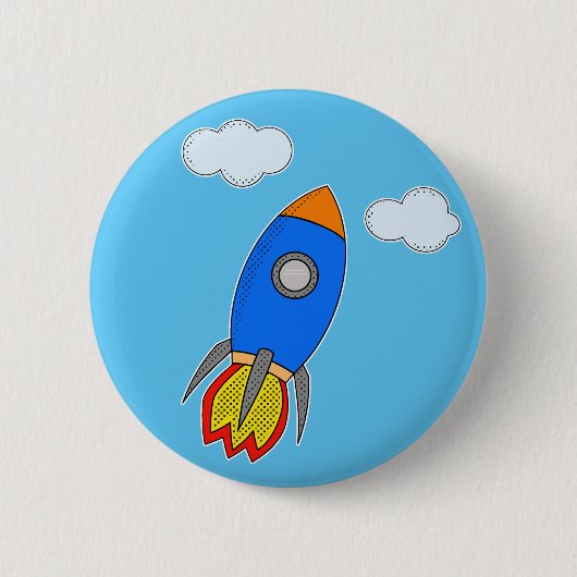 Cartoon ruimteraket in blauwe lucht ronde button 5,7 cm (Voorkant)