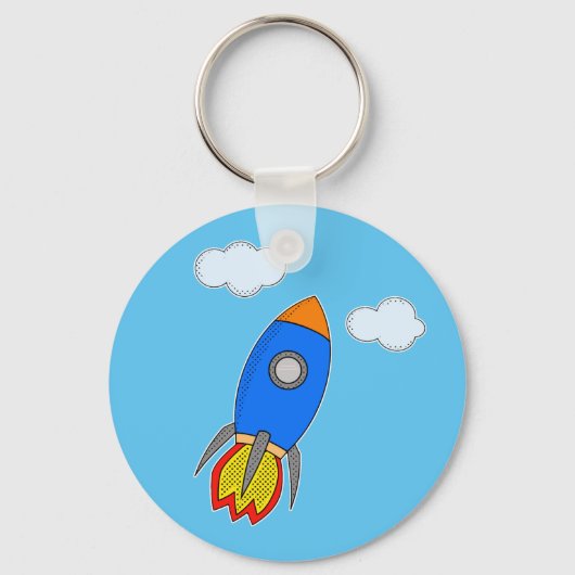 Cartoon ruimteraket in blauwe lucht sleutelhanger (Voorkant)