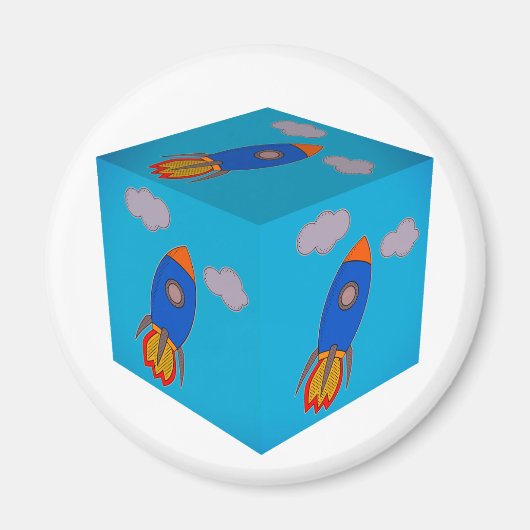 Cartoon Ruimteraket vliegen en Blue Sky Cube Magneet (Voorkant)