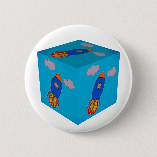Cartoon Ruimteraket vliegen en Blue Sky Cube Ronde Button 5,7 Cm (Voorkant)