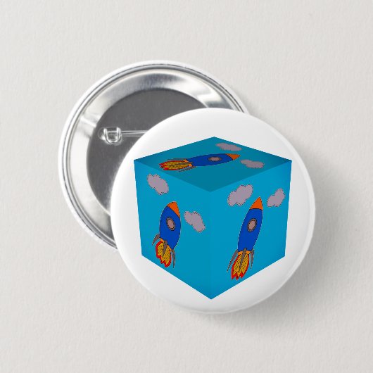 Cartoon Ruimteraket vliegen en Blue Sky Cube Ronde Button 5,7 Cm (Voorkant /achterkant)