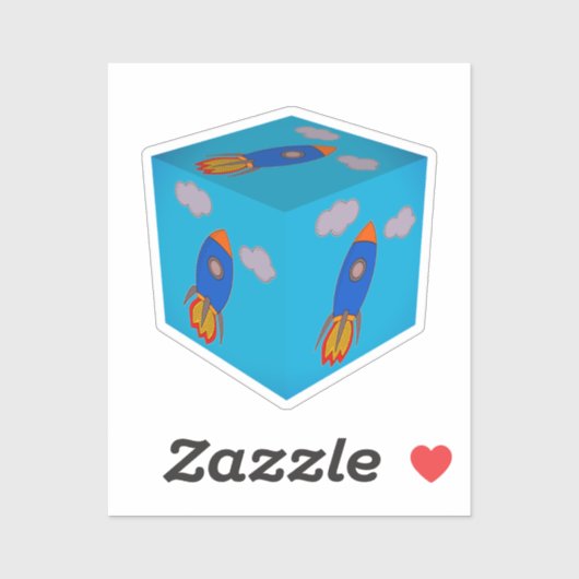 Cartoon Ruimteraket vliegen en Blue Sky Cube Sticker (Vel)
