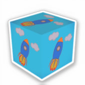 Cartoon Ruimteraket vliegen en Blue Sky Cube Sticker (Voorkant)