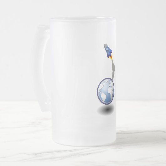 Cartoon Ruimteschip en Wereldbol Matglas Bierpul (Voorkant links)