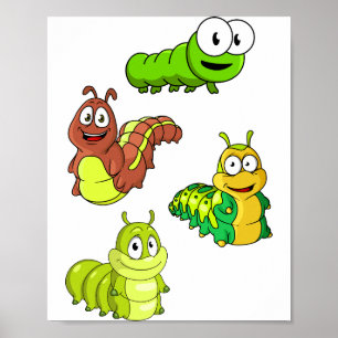Cartoon Rupsels Groen Geel Bruin Poster