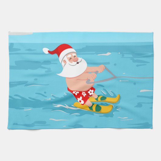 Cartoon Santa Claus water skiing Theedoek (Horizontaal)