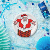 cartoon Santa Claus zit vast in de schoorsteen Papieren Bordje (Feest)