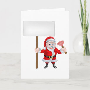 Cartoon Santa Holding Sign en Plunger Feestdagen Kaart