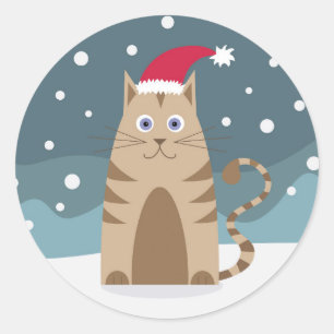 Cartoon santa kitten in sneeuwbos ronde sticker