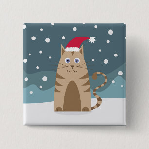 Cartoon santa kitten in sneeuwbos vierkante button 5,1 cm