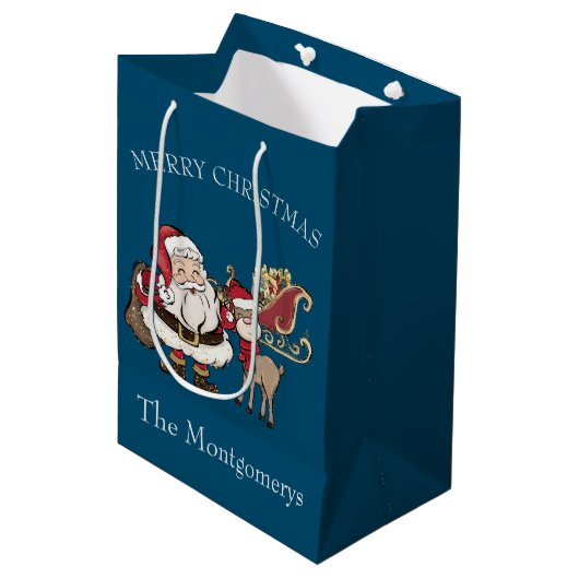 Cartoon Santa & Rudolph the Reindeer op Blue Medium Cadeauzakje (Voorkant Gekanteld)