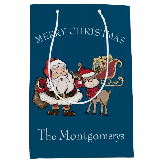 Cartoon Santa & Rudolph the Reindeer op Blue Medium Cadeauzakje (Voorkant)