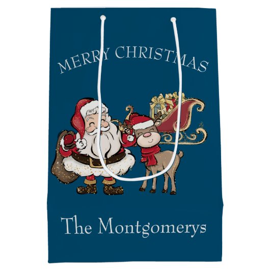 Cartoon Santa & Rudolph the Reindeer op Blue Medium Cadeauzakje (Achterkant)