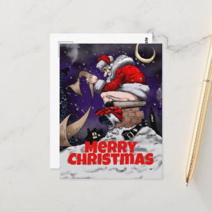 Cartoon Santa zittend op de schoorsteen Briefkaart