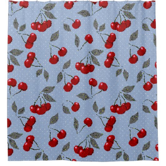 Cartoon schattige rode kersbessen groene bladeren  douchegordijn (Voorkant)